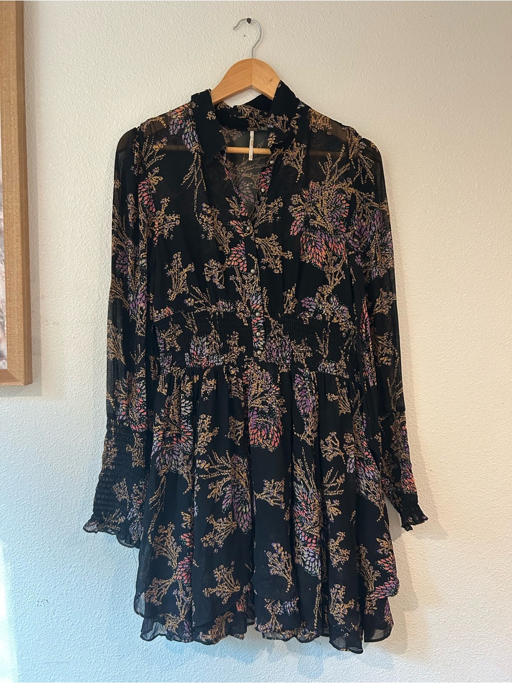 Free People Black Floral Long-Sleeve Tiered Mini Dress